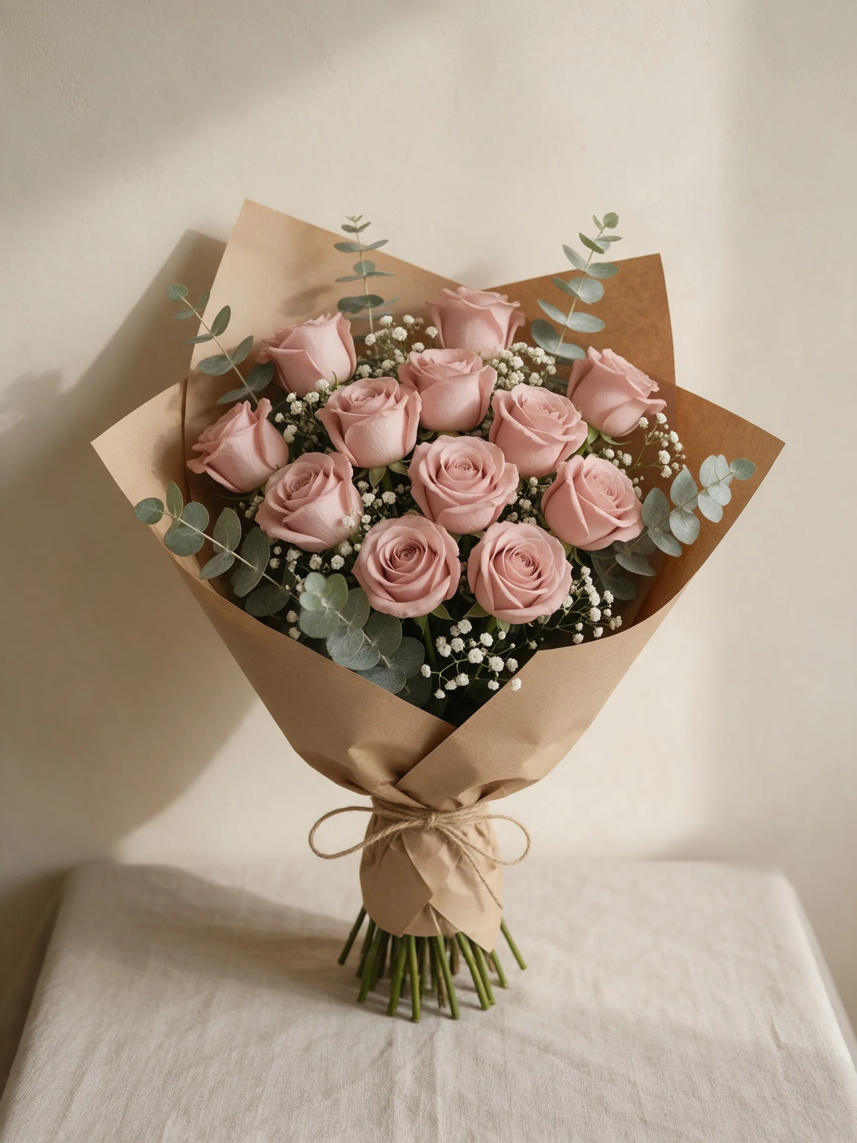 Ramo de rosas rosadas envuelto en papel kraft