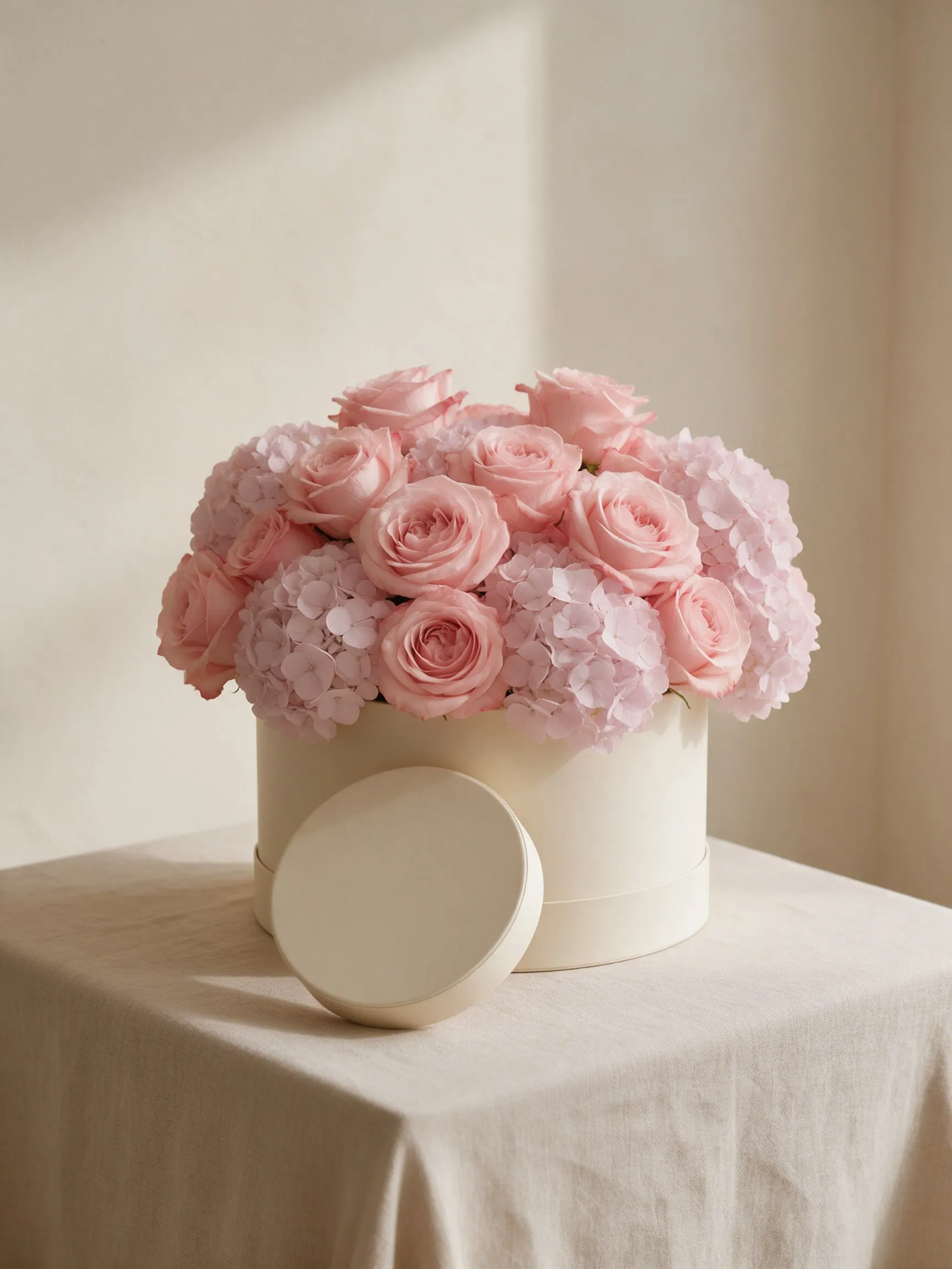 Rosas rosadas en una caja redonda sobre una mesa con mantel