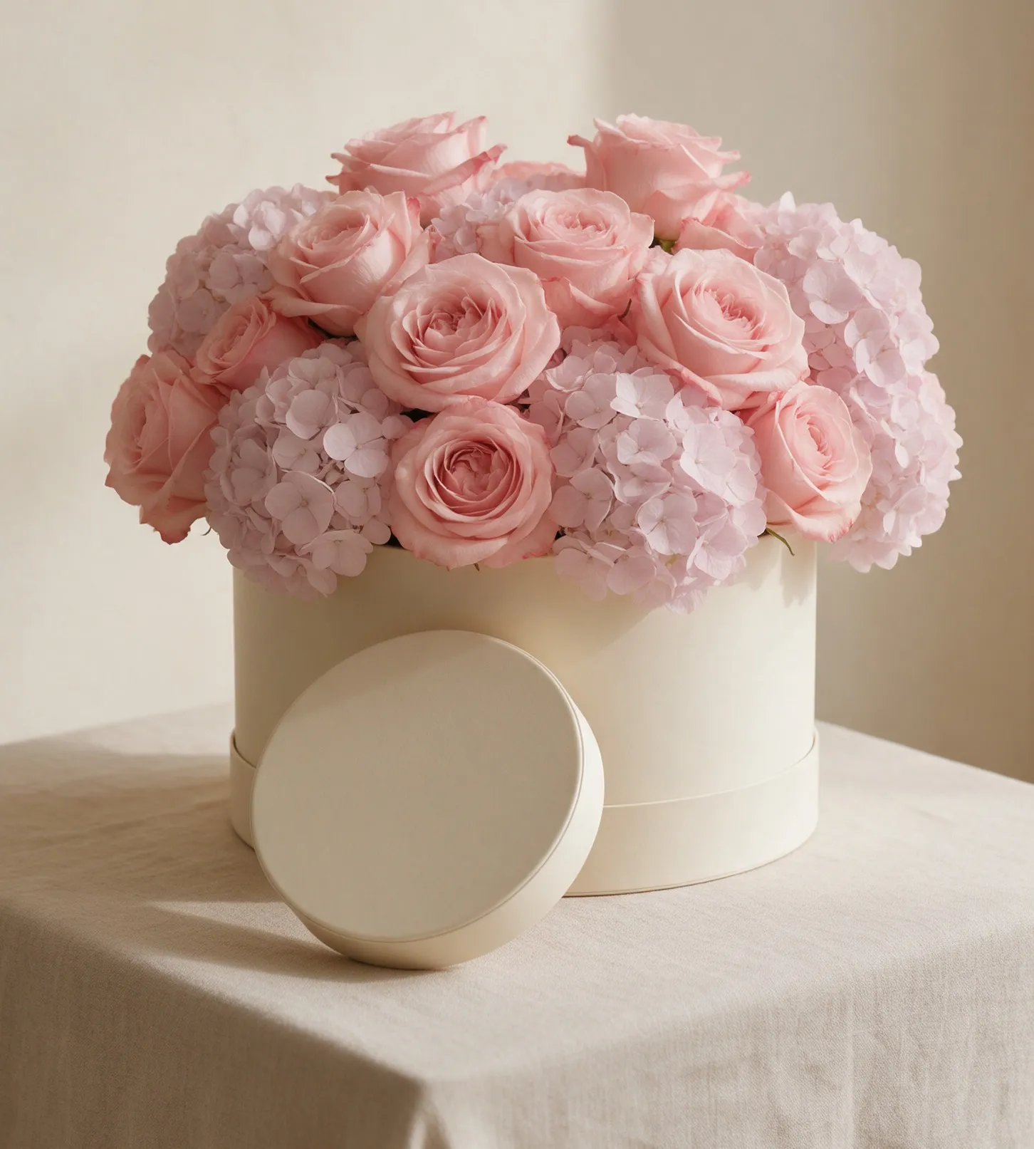 Caja redonda de rosas y hortensias rosadas sobre una mesa con mantel