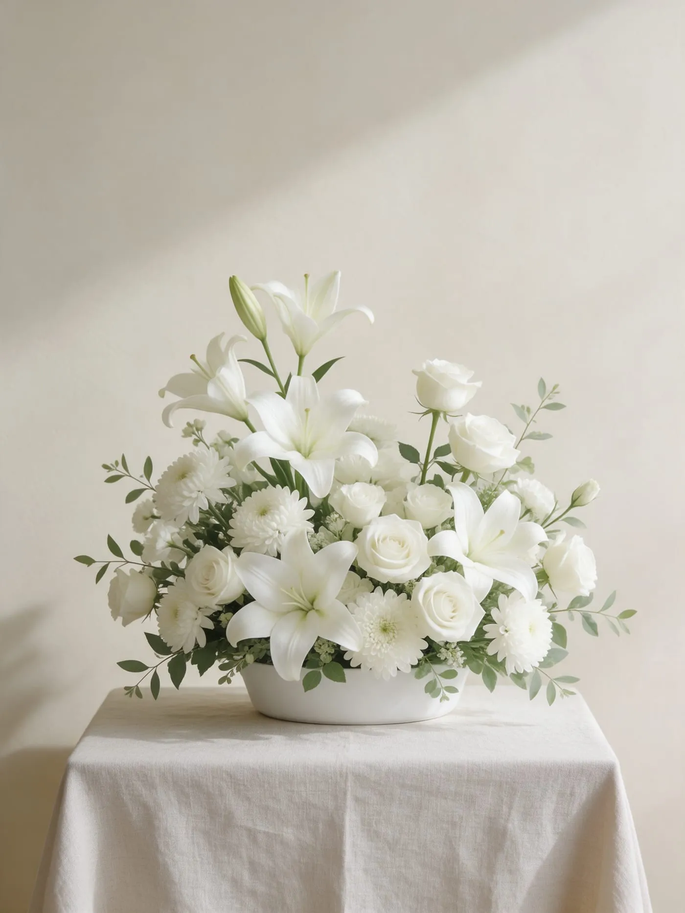 Arreglo de lirios y rosas blancas sobre una mesa