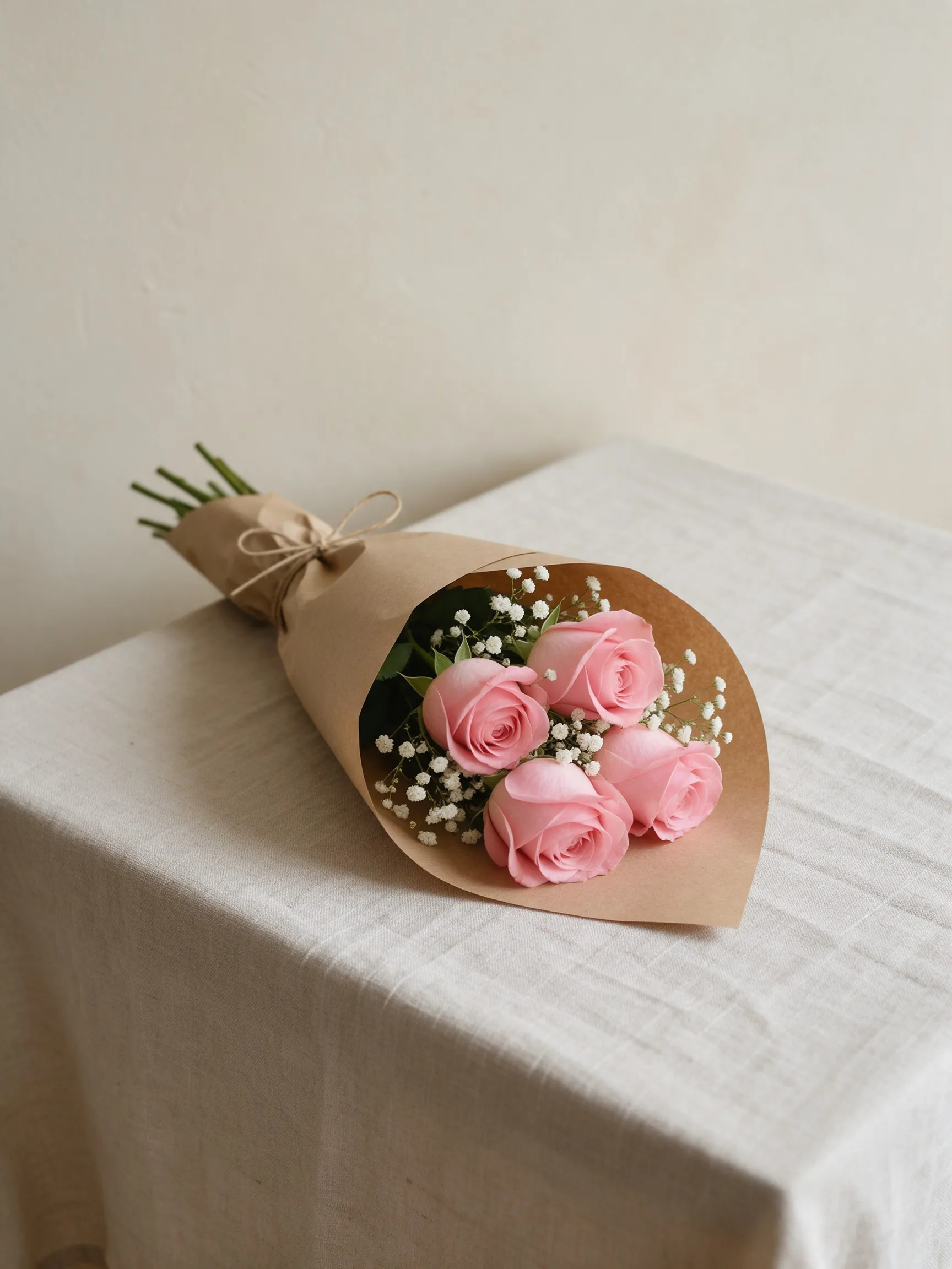 Ramo de rosas envuelto sobre una mesa