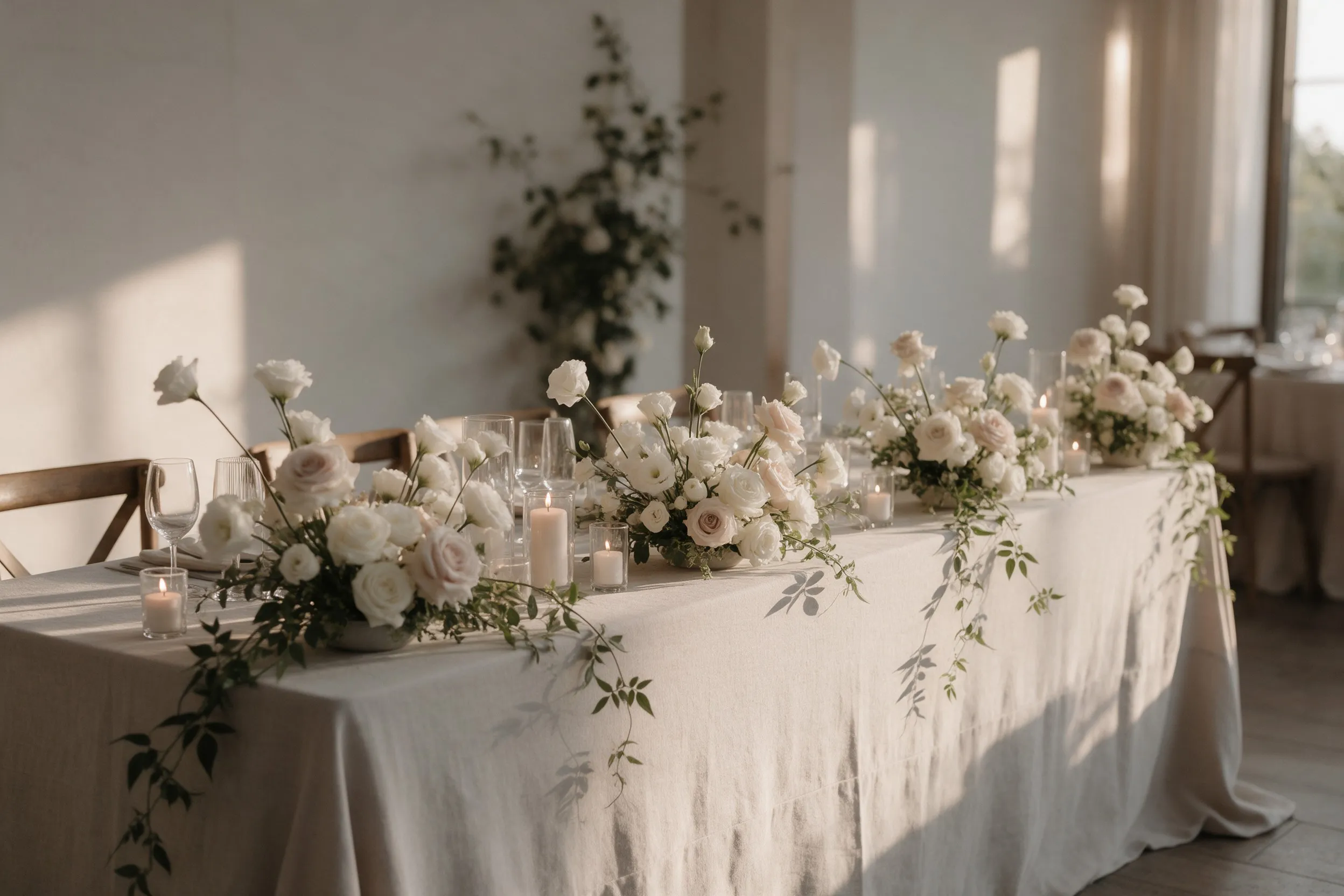 Una mesa larga de boda con flores blancas y velas