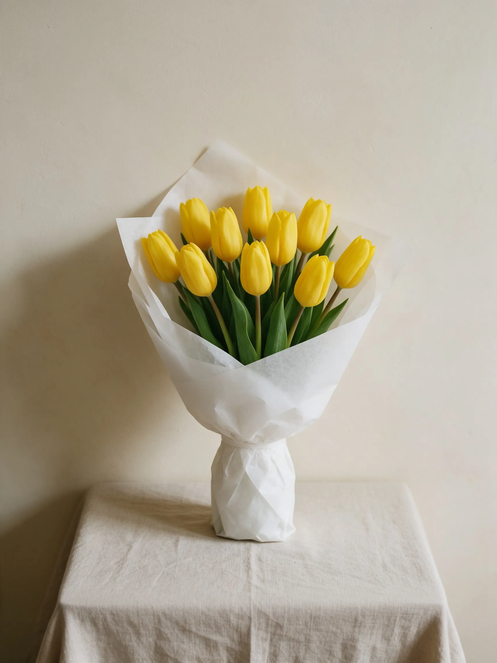 Tulipanes amarillos envueltos en papel blanco