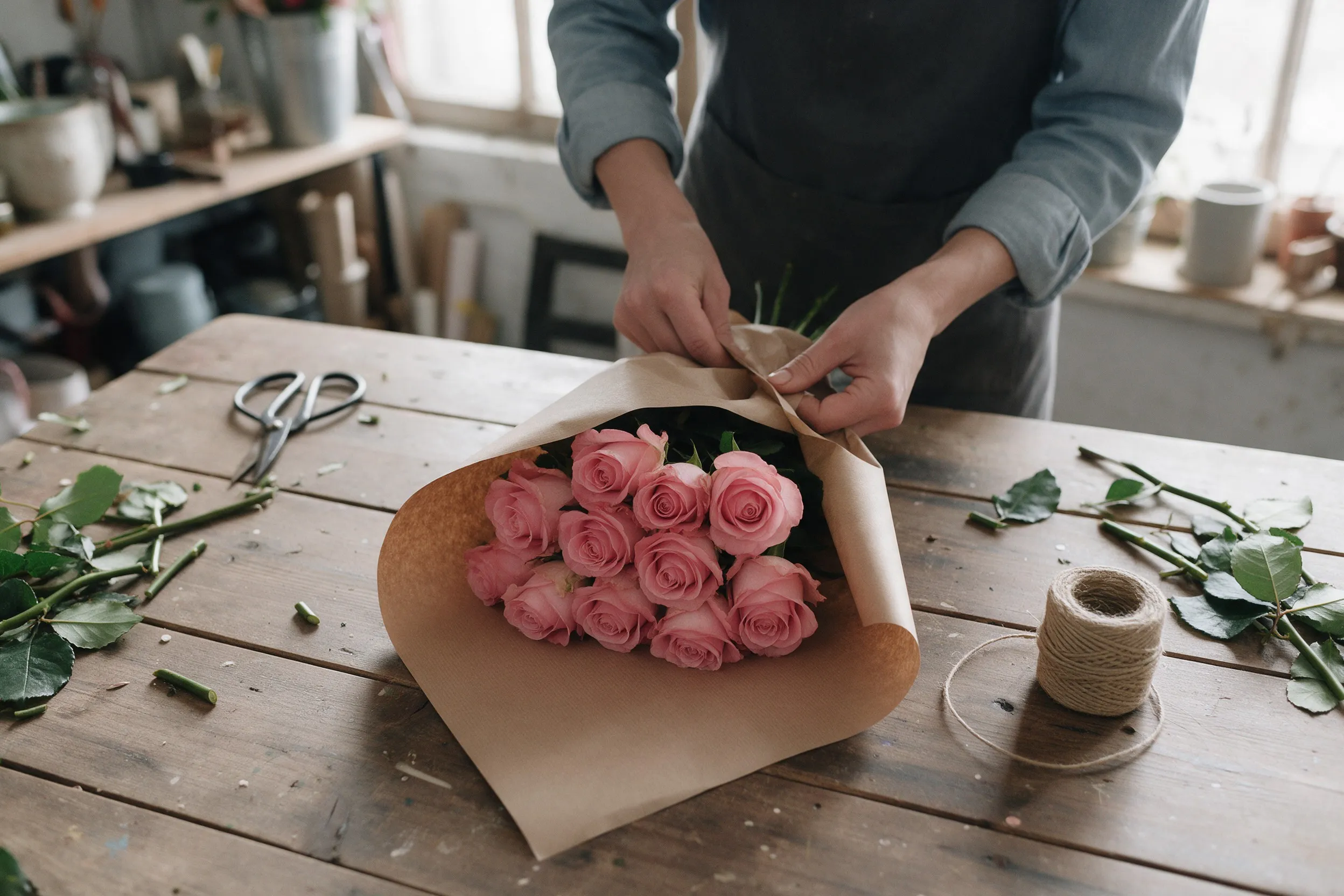 Manos envolviendo un ramo de rosas en papel kraft